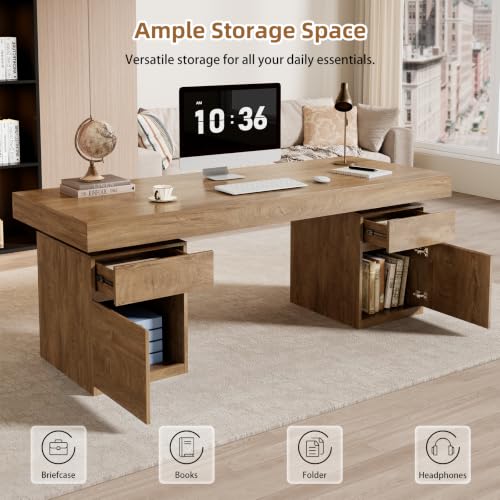 71-Inch Executive Desk, Wooden Office Desk with Storage, Oak Brown, view 6