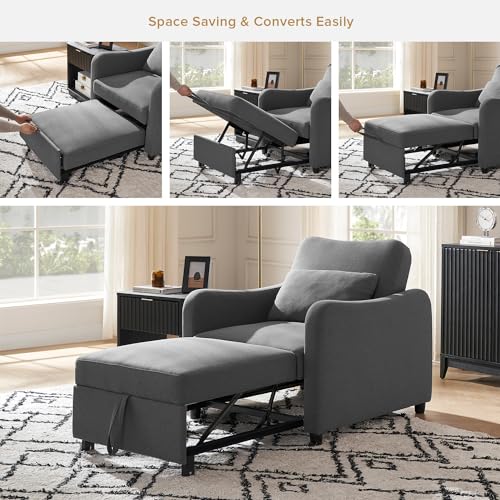 Sophie 4-in-1 Convertible Sleeper Chair Bed, Accent Chair, Chaise Lounge, Comfy Reading Armchair, Pull Out Sofa Bed with Adjustable Backrest for Living Room, Bedroom (Dark Gray Fabric)