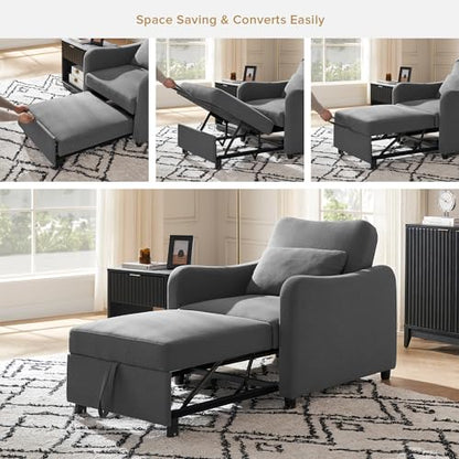 Sophie 4-in-1 Convertible Sleeper Chair Bed, Accent Chair, Chaise Lounge, Comfy Reading Armchair, Pull Out Sofa Bed with Adjustable Backrest for Living Room, Bedroom (Dark Gray Fabric)