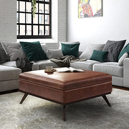 Owen XL Square Coffee Table Storage Ottoman - 40 inch Wide Upholstered Vegan Leather Lift-Top Ottoman in Distressed Saddle Brown, Mid-Century Modern Ottoman for Living Room with Storage