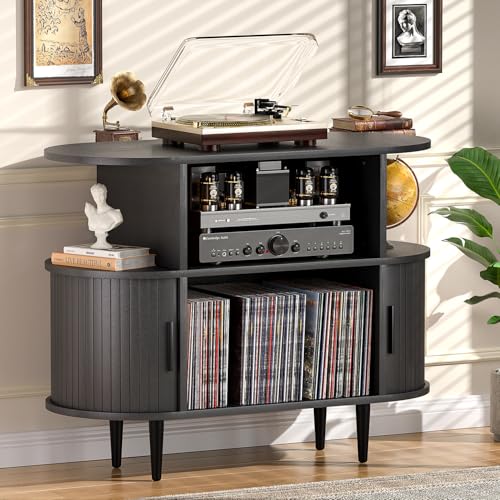 Large Record Player Stand with Storage and Shelves (Black), view 2