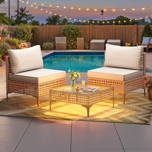 Wicker Patio Furniture Set 3 Pieces Outdoor Sectional Sofa with Solar Light Table Outdoor Couch with Waterproof Cushions All-Weather Rattan Patio Conversation Set for Indoor/Outdoor