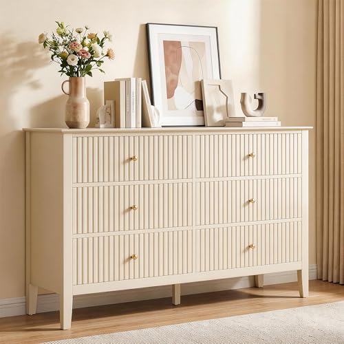 Beige 6 Drawer Dresser, Fluted Modern Wood Chest of Drawers, view 2