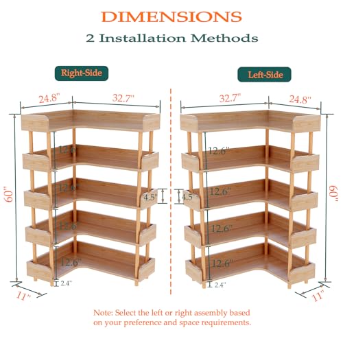 5-Tier Reversible Corner Bookshelf, L-Shaped Shelf, Oak, view 3