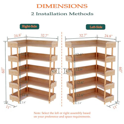 5-Tier Reversible Corner Bookshelf, L-Shaped Shelf, Oak, view 3