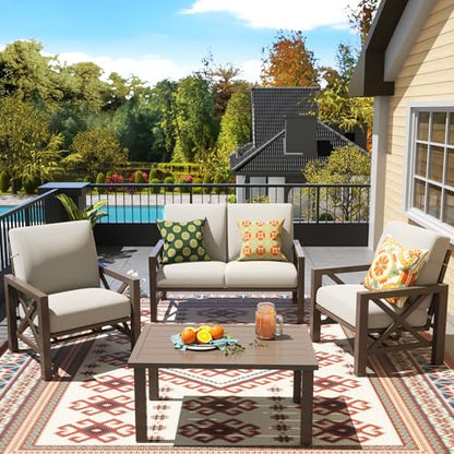 Patio Furniture Sets, 4 Pieces Outdoor Furniture Modern Metal Patio Sectional Sofa Conversation Set,2 Motion Rocking Chairs,6.5" Olefin Cushions for Yard,Porch,Poolside