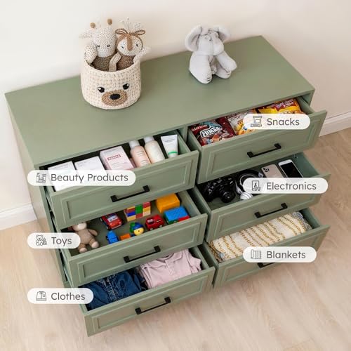 6 Drawer Dresser for Bedroom, Farmhouse Wood Wide Chest Kid Dresser, Green, view 4