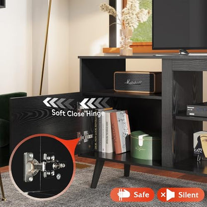Mid-Century Modern TV Stand for 55 60 65 Inch TV, Entertainment Center with Extra Open Shelf & Storage Cabinets, Media TV Console for Living Room Bedroom Office, Black