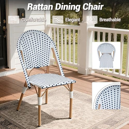 Patio French Chairs Set of 2, Outdoor Hand-Woven PE Wicker Armless Dining Chairs w/Metal Frame, Rattan Bistro Chairs for Front Porch Garden Deck Balcony Poolside, White/Black