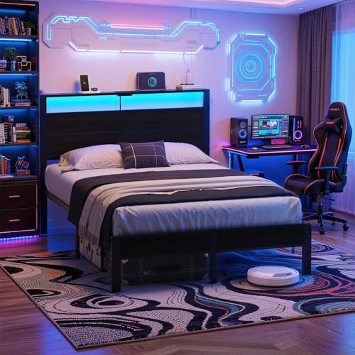 Full Size Metal Bed Frame with Storage Headboard, LED Lights, view 4