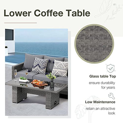 Outdoor Patio Lift Dining Table, Rectangle Patio Coffee Table with Glass Tabletop, Wicker Furniture Multi-Function Dining Table for Backyard, Deck, Garden, Grey