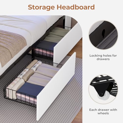 Twin Size Bed Frame with Storage Headboard & 4 Drawers, LED Lights, White, view 7
