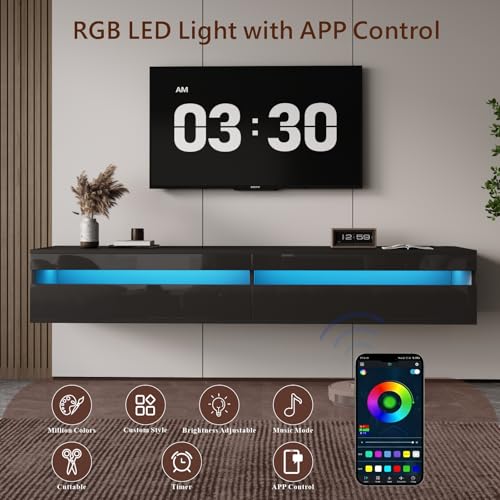 Solid Wood Floating TV Stand with LED Lighting & Power Outlet, view 8