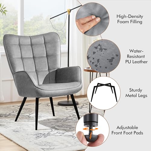 Yaheetech Accent Chairs, Large PU Leather High-Back Chair w/Metal Legs, Pottery Barn Style Living Room Chairs for Bedroom/Home Office, Gray