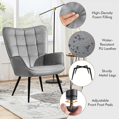 Yaheetech Accent Chairs, Large PU Leather High-Back Chair w/Metal Legs, Pottery Barn Style Living Room Chairs for Bedroom/Home Office, Gray