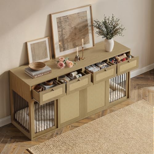 2-Piece Double Dog Crate Furniture, 80 Inch, Light Oak, view 4