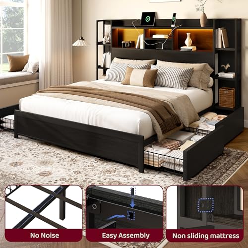 King Size Bed Frame with 4 Storage Drawers and Headboard Featuring Shelf Storage, view 7