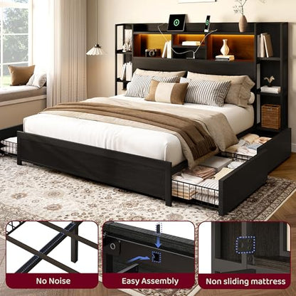 King Size Bed Frame with 4 Storage Drawers and Headboard Featuring Shelf Storage, view 7