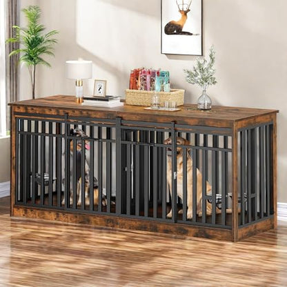 71" Double Dog Crate Furniture with 4 Dog Bowls, view 3