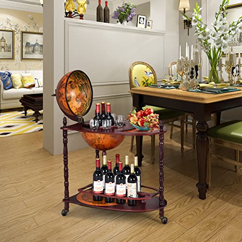 Retro Globe Bar Cart, 34.5" Mobile Liquor Cabinet with Wheels, Storage Shelves, Antique World Map Design, Mid-Century Italian Style Wine & Spirits Display Stand for Dining Room, Pub
