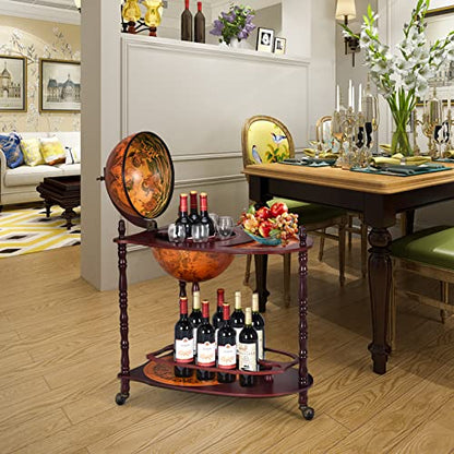 Retro Globe Bar Cart, 34.5" Mobile Liquor Cabinet with Wheels, Storage Shelves, Antique World Map Design, Mid-Century Italian Style Wine & Spirits Display Stand for Dining Room, Pub