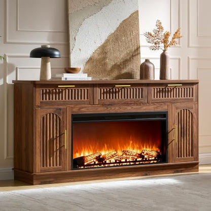 Fireplace TV Stand for 75" TV, 36" Electric Fireplace with Mantel, Walnut, view 2