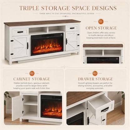 Farmhouse Fireplace TV Stand with Barn Door, 80 inch, White, view 4