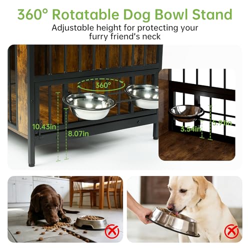 78" Dog Crate Furniture, Rotating Bowl Rack, Steel Frame, Brown, view 4