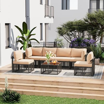 7-Piece Outdoor Sectional Set, Large Wicker Patio Furniture Set with Coffee Table and Washable Cushions Covers, All-Weather Patio Sofa Conversation Set for Backyard, Poolside, Garden