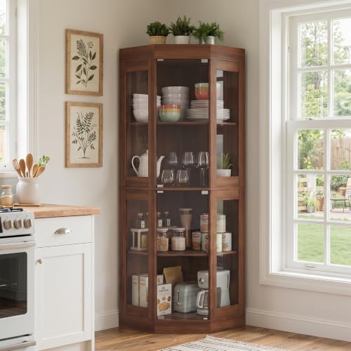 70''H Tall Corner Cabinet with Glass Doors, Walnut, view 2