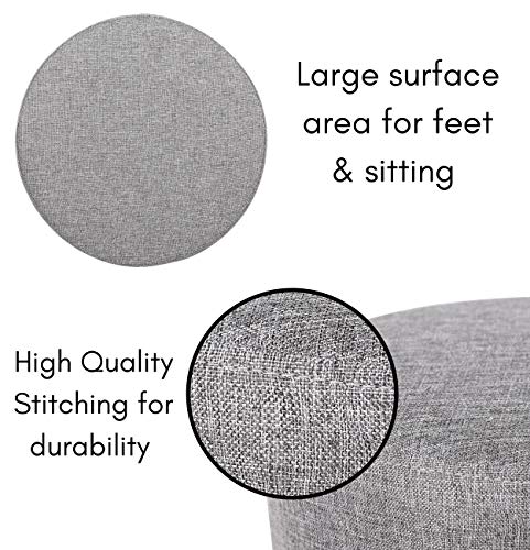 Grey Linen Foot Stool Ottoman – Soft Compact Round Padded Seat – Living Room and Bedroom – Black Wood Legs Upholstered Decorative Furniture Rest – Vanity Seat