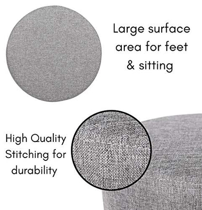 Grey Linen Foot Stool Ottoman – Soft Compact Round Padded Seat – Living Room and Bedroom – Black Wood Legs Upholstered Decorative Furniture Rest – Vanity Seat
