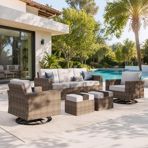 5-Piece Patio Furniture Set with Wide Arm, Grey | Outdoor Swivel Glide Chair +5.5” Washable Thick Cushions. All-Weather Yellow Wicker Conversation Sofa. for Deck Lawn &Garden