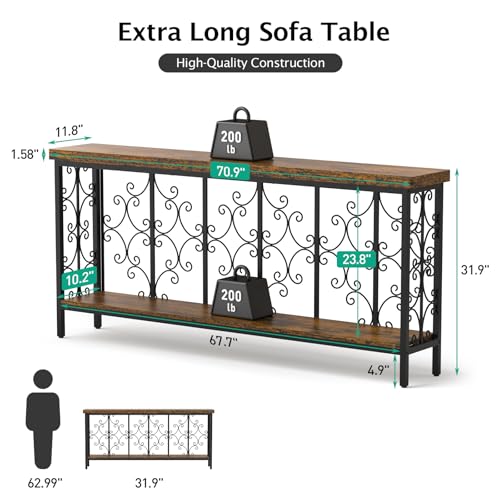 Console Table, 70.9" Entryway Table with Storage Shelf, Extra Long Sofa Table Behind Couch, 2-Tier Hallway Accent Tables for Living Room, Entrance, Foyer, Rustic Brown