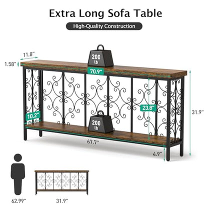 Console Table, 70.9" Entryway Table with Storage Shelf, Extra Long Sofa Table Behind Couch, 2-Tier Hallway Accent Tables for Living Room, Entrance, Foyer, Rustic Brown