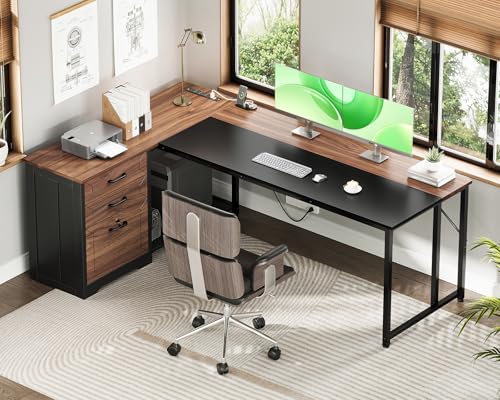 61" L Shaped Office Desk with Wood Drawers & Lockable File Cabinet, Reversible 21.7" D Corner Computer Desk with Built-in Power Outlets, Executive Desk for Home Office, Walnut