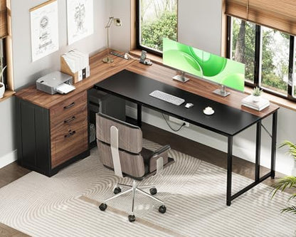 61" L Shaped Office Desk with Wood Drawers & Lockable File Cabinet, Reversible 21.7" D Corner Computer Desk with Built-in Power Outlets, Executive Desk for Home Office, Walnut