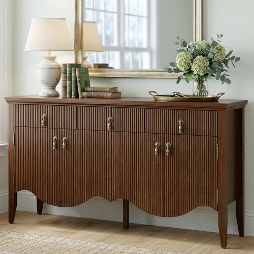 57" Fluted Sideboard Buffet,Retro Storage Cabinet, Walnut, view 2