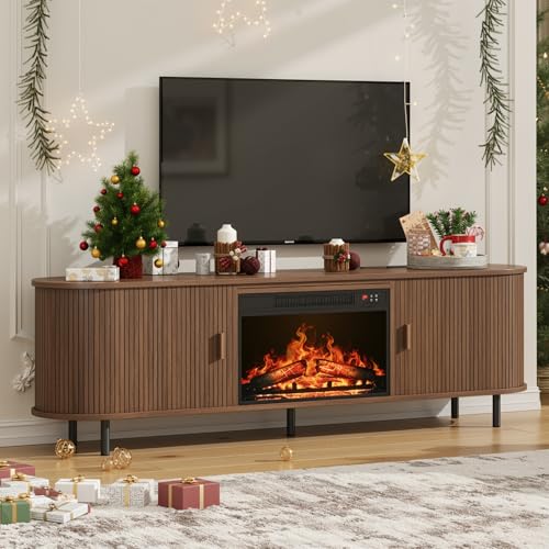 70.8" Fluted Fireplace TV Stand with 23" Electric Fireplace, Walnut, view 2