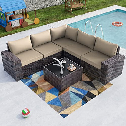 Outdoor Patio Furniture Set 6 Pieces Sectional Rattan Sofa Set Brown PE Rattan Wicker Patio Conversation Set with 5 Seat Cushions and 1 Tempered Glass Table,Sand