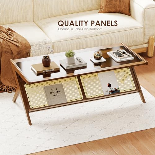 Rattan Coffee Table with Glass Top Mid-Century Modern Center Table with Storage for Living Room Table Brown