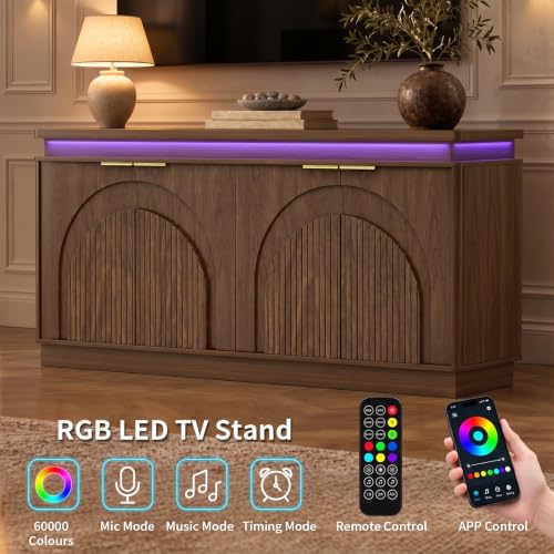 65.7" Sideboard Buffet Cabinet with Arched Fluted Doors,LED Lights, view 4