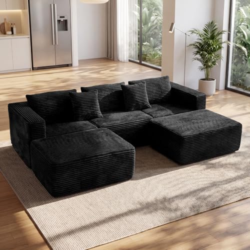 110" Modular Sectional Boneless Sofa with 2 Ottomans, U Shaped Cloud Couch for Living Room, Deep Seat Corduroy Floor Sofa, No Assembly Required, Compressed Couch, 5 Seat, Black