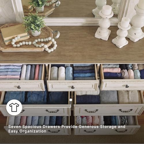 Signature Design by Ashley Realyn French Country 7 Drawer Dresser, Two-Tone Chipped White and Distressed Wood Finish, Smooth-Gliding Bedroom Storage, Ideal for Master Suites, 64" W