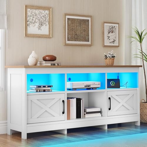 TV Stand with Cabinets, Power Outlet & LED, Living Room, White, view 4
