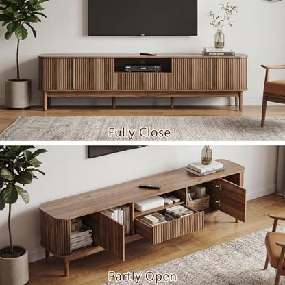 86in Fluted Walnut TV Stand for 85 Inch TV, Mid Century Media Console Table, view 7
