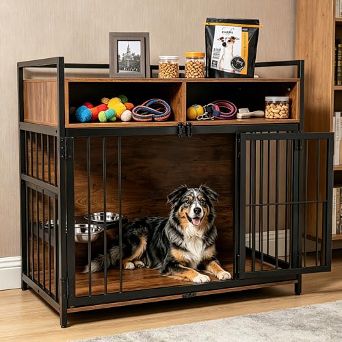 Large Dog Crate Furniture, 48" Vintage Brown Wooden Kennel for Big Dogs, view 3