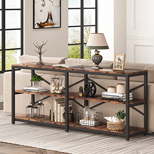 Tribesigns 70.9 Inch Extra Long Console Table, Modern Sofa Table Behind Couch Table with Storage Shelves, 3-Tier Industrial Hallway Entryway Table for Living Room, 3 Shelf Bookshelf(Brown)