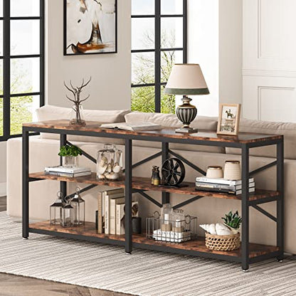 Tribesigns 70.9 Inch Extra Long Console Table, Modern Sofa Table Behind Couch Table with Storage Shelves, 3-Tier Industrial Hallway Entryway Table for Living Room, 3 Shelf Bookshelf(Brown)