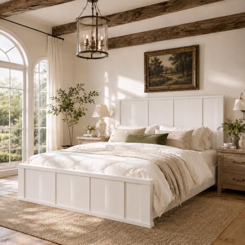 Queen Bed Frame with 50" Tall Headboard, Farmhouse Platform Bed, view 2